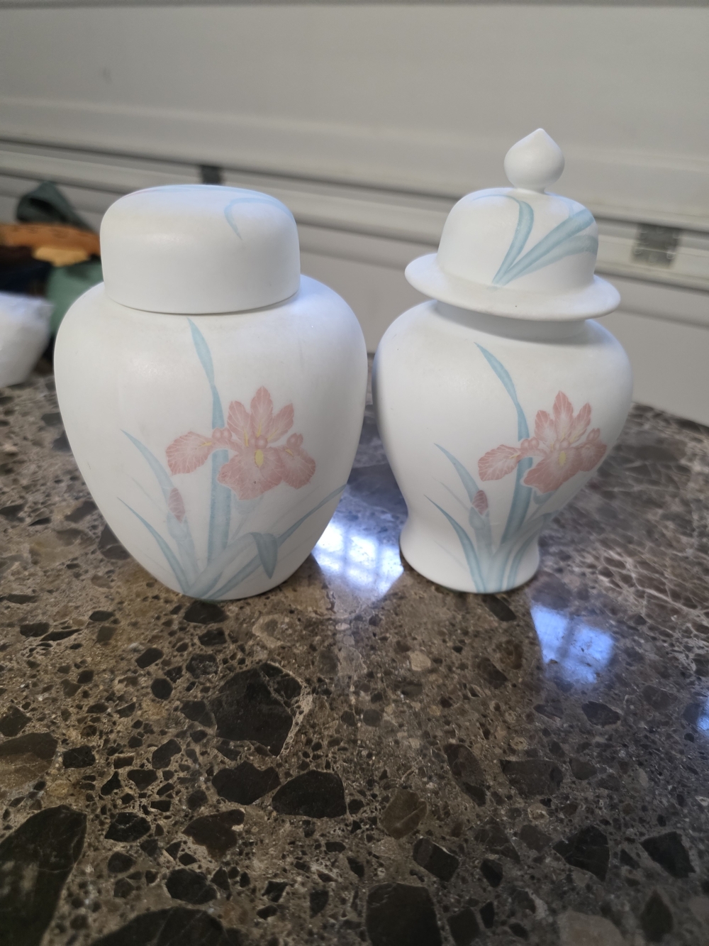 White Porcelain Floral Ginger Jar Set with Pink & Blue Accents